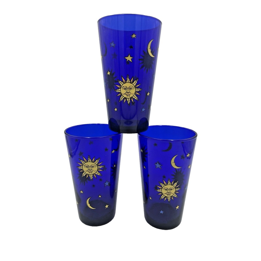 Vtg Libbey Celestial Cobalt Blue Glasses Set  3 Sun Moon Stars Whimsigoth 6"T